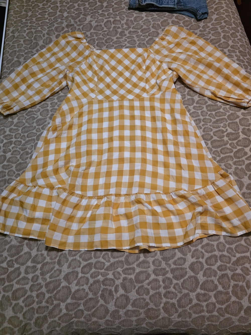Girls Yellow Gingham Puff-Sleeve Dress
